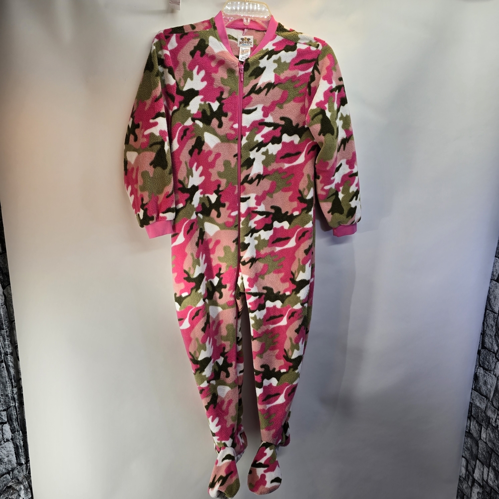 Cozy Camouflage Kids Pajama W/ Feet Set - Pink and Green 10/12 By Big Feet